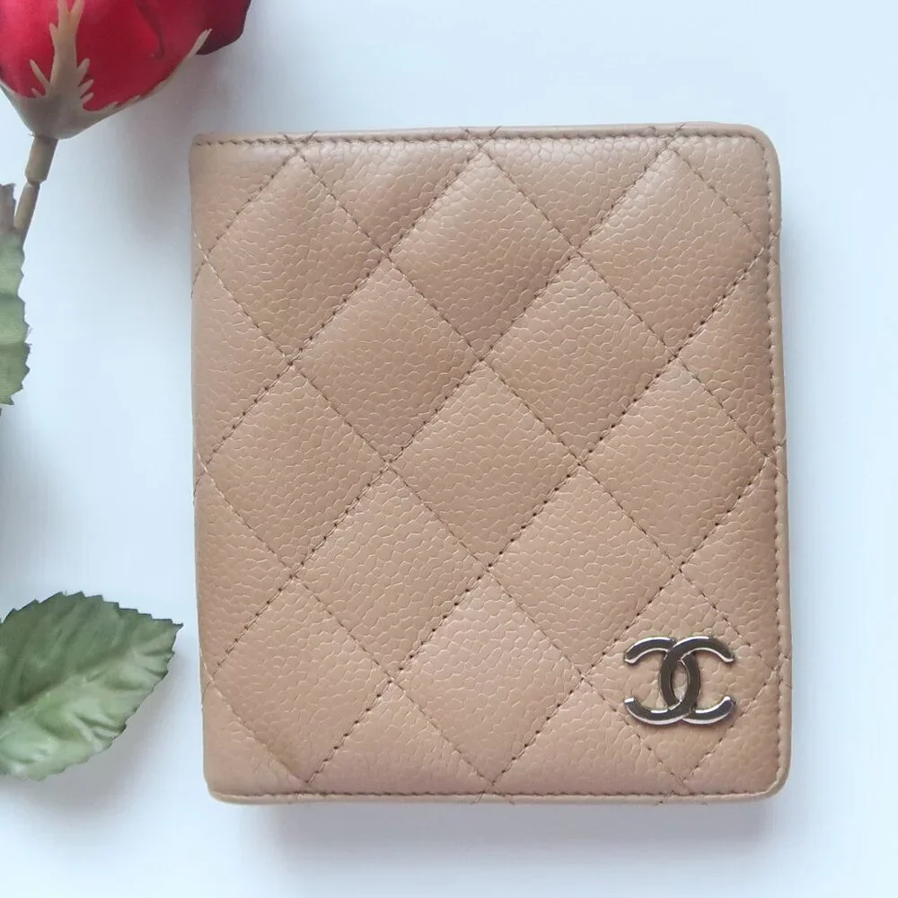 Chanel Classic Quilted Caviar Leather Bifold Wallet Beige with Silver CC Logo